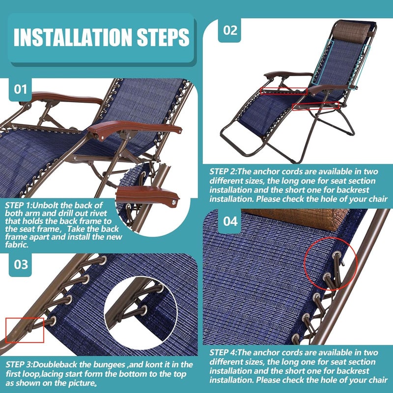 Queekay Chair Replacement Fabric with 4 Bungee Cord Lounge Chair Cloth Mesh Repair Kit for Patio Recliner Outdoor Lawn Pool(63 x 21 Inch,Blue) - Image 4